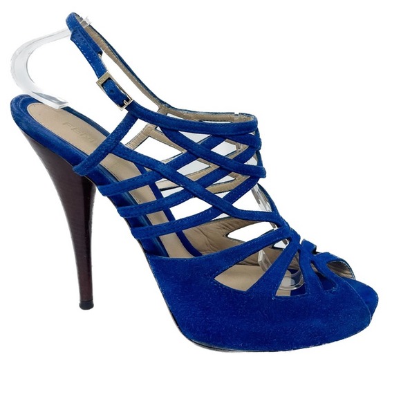 Fendi Royal Blue Suede Strappy Sling Back High Heel Platform Sandals size 39.5 - Picture 10 of 14